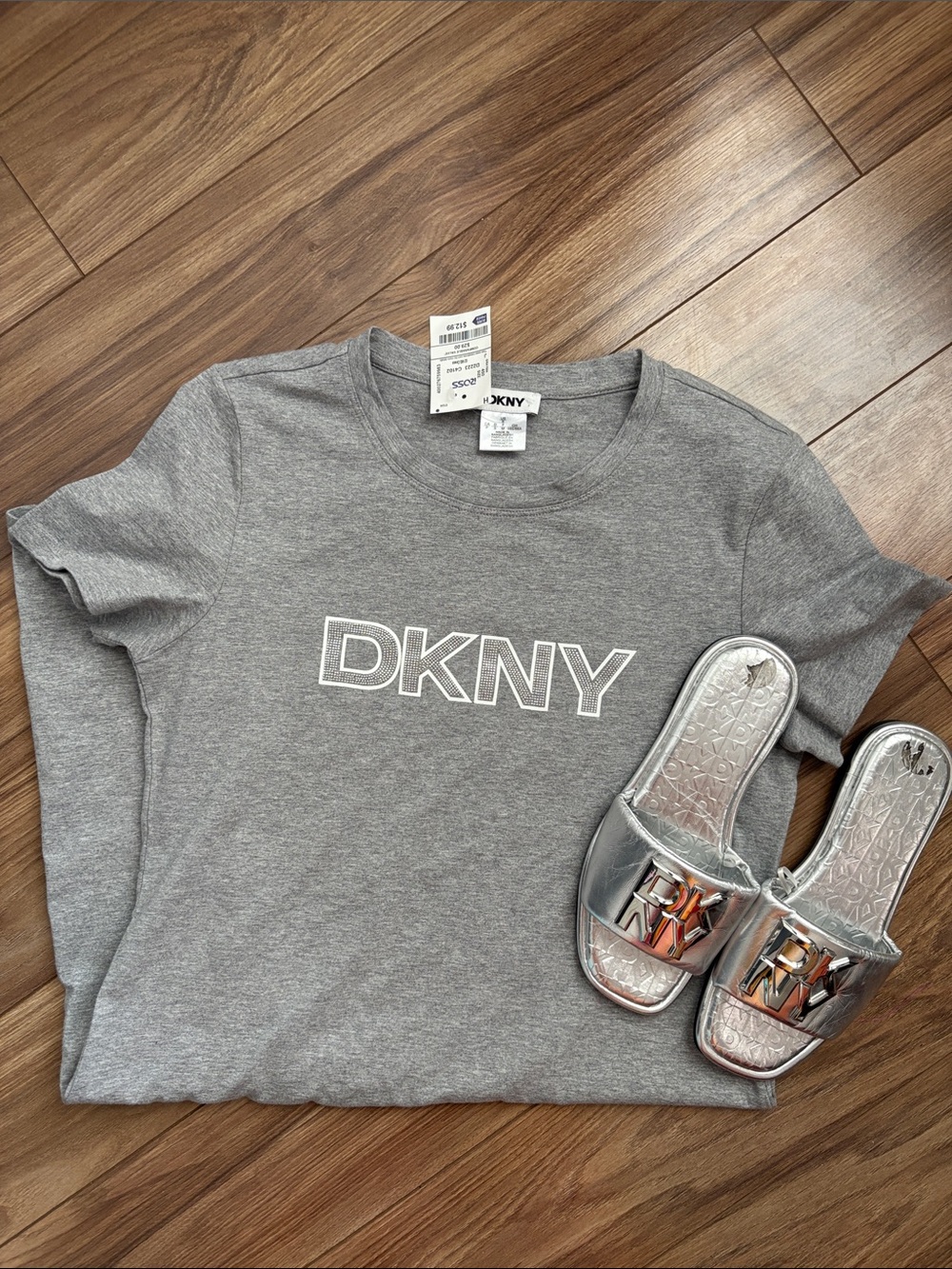 DKNY Gray Logo Tee Dress with Silver Slide Sandals